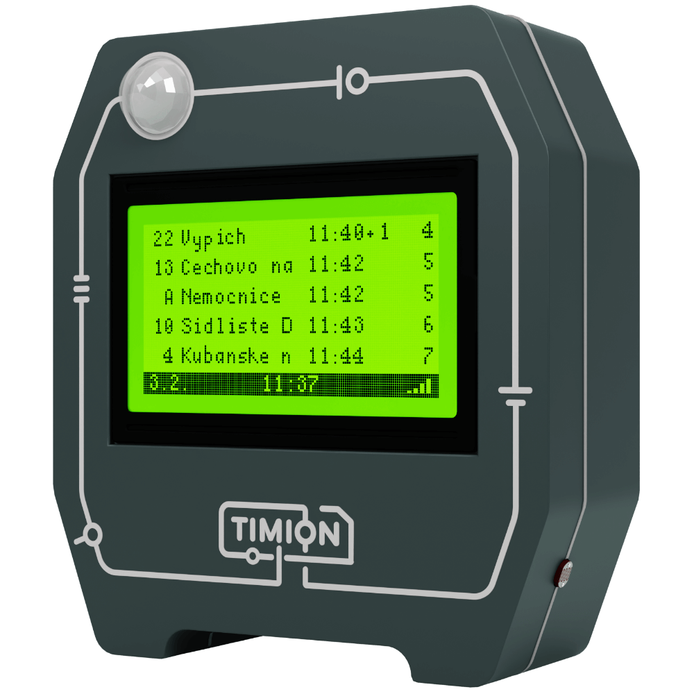 TIMION s tmavou krabičkou a zeleným displejem – pohled zpředu zprava