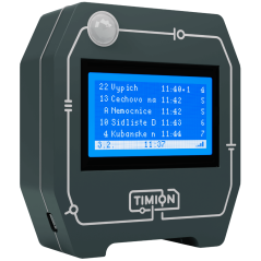 TIMION s tmavou krabičkou a modrým displejem – pohled zpředu zleva